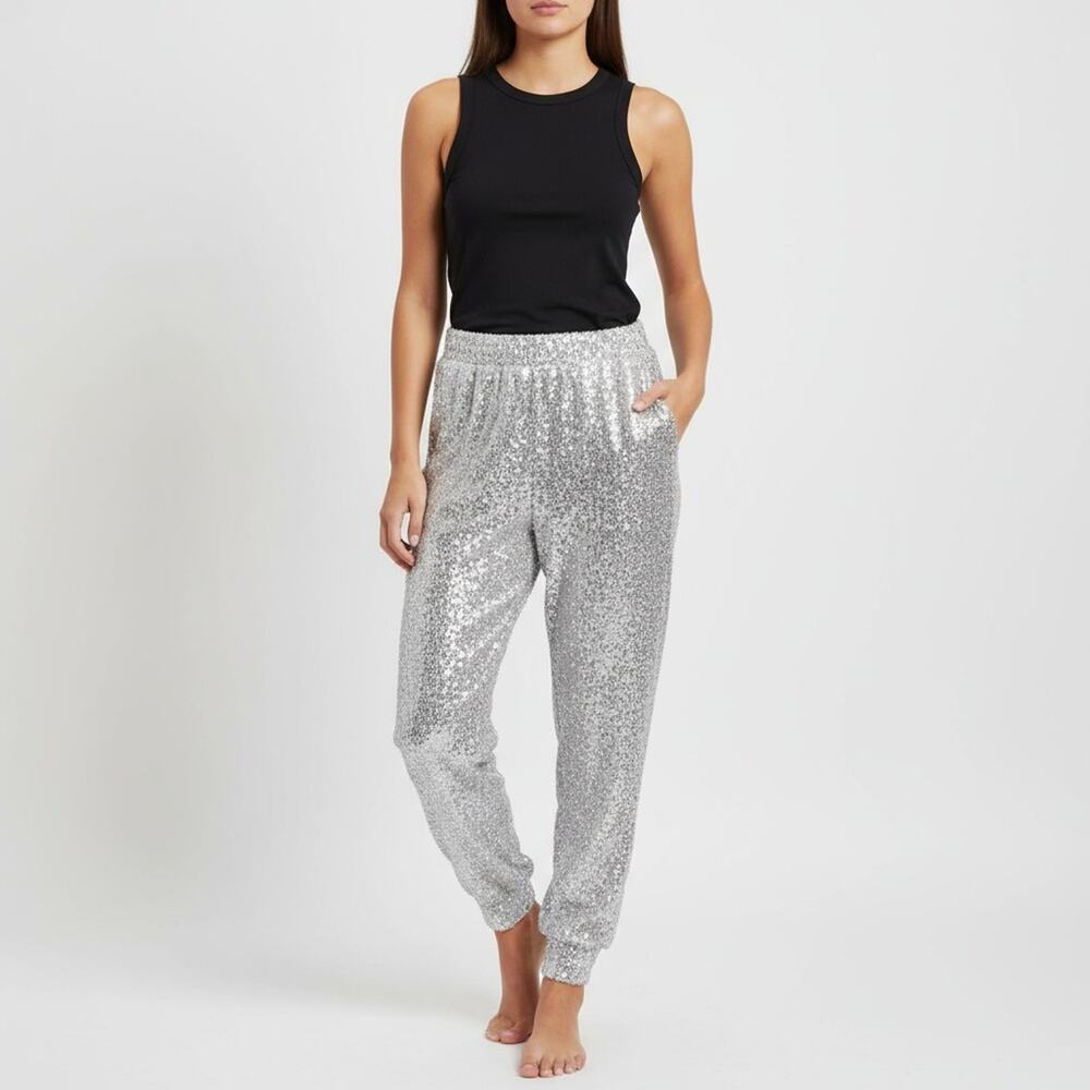 Cable & Gauge Champagne Silver Sequin Pull On Elastic Waist Jogger Pants Size XL